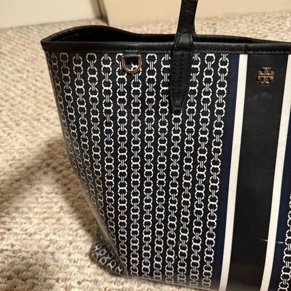 Tory Burch Gemini Link Canvas Tote Navy Black Striped Chain Print Large Bag - Picture 12 of 16